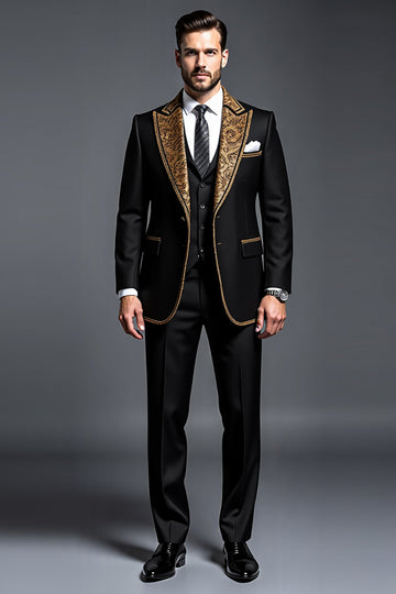 Preto Ouro Peak Lapela 3 Peças Fato Homem